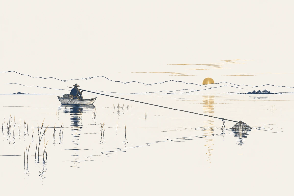 夕方の湖の浅瀬で、小舟から長い竿の先のかごを引く漁の情景を描いた和モダンの線画