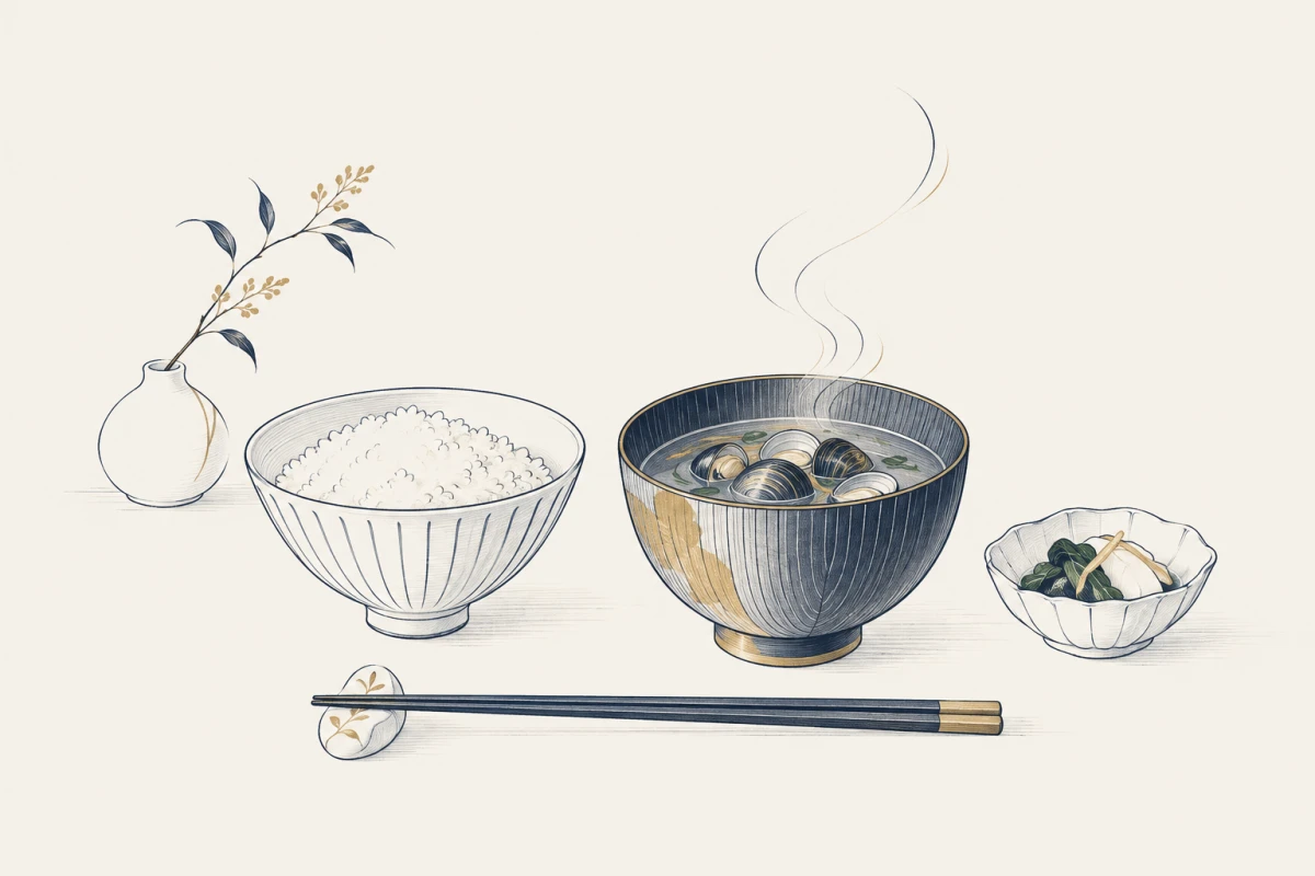 湯気の立つ汁椀に殻つきのしじみが沈み、横に茶碗のごはんが並ぶ朝の卓を描いた和モダンの線画
