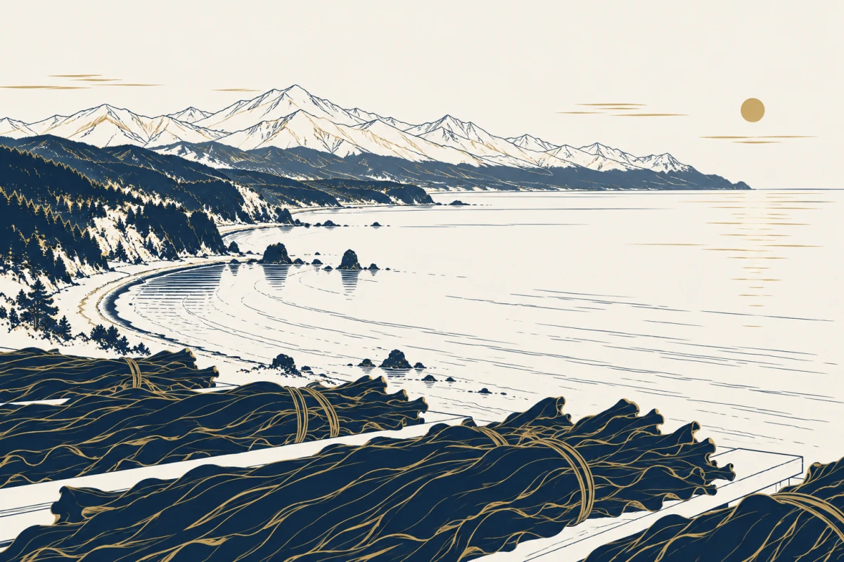 知床連山を望む羅臼の海岸線と水揚げされた昆布