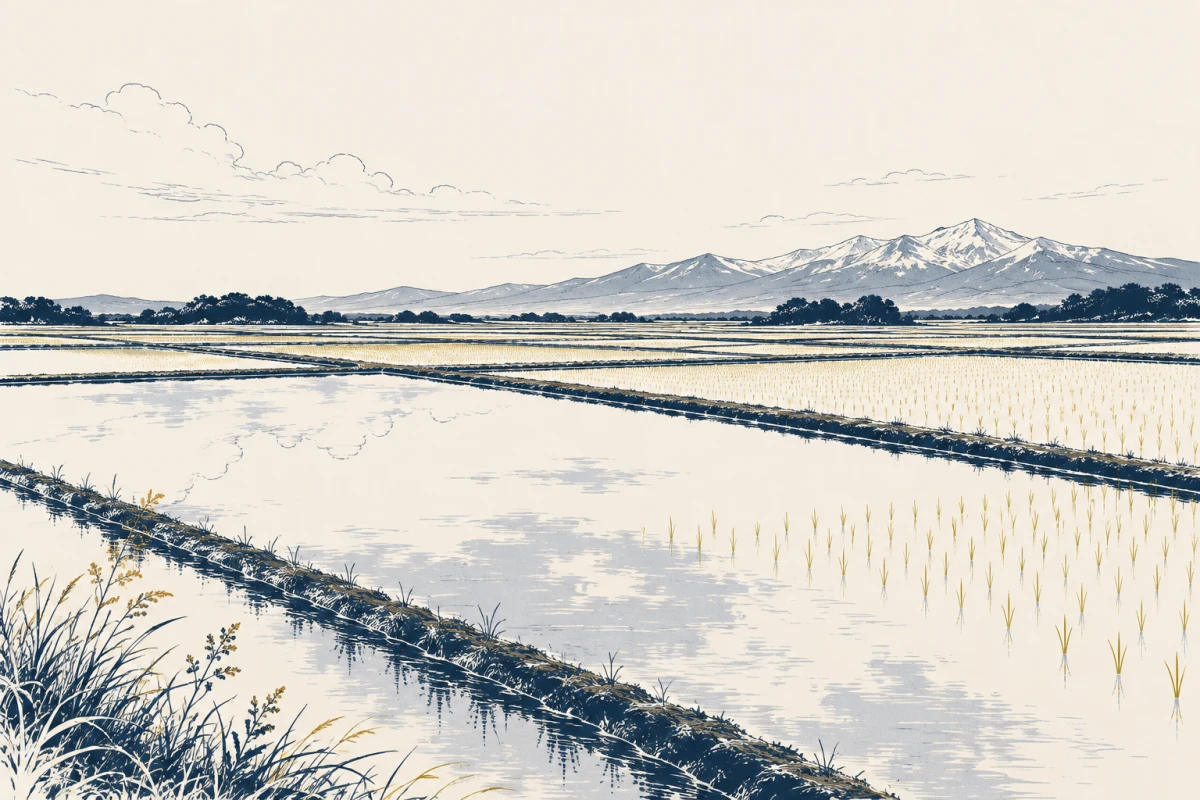 北海道の広い田んぼと実った稲穂の情景