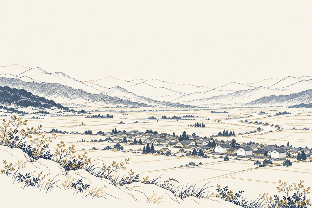 山並みに囲まれた乾いた盆地に、瓦屋根の町と白壁の蔵が静かに並ぶ情景