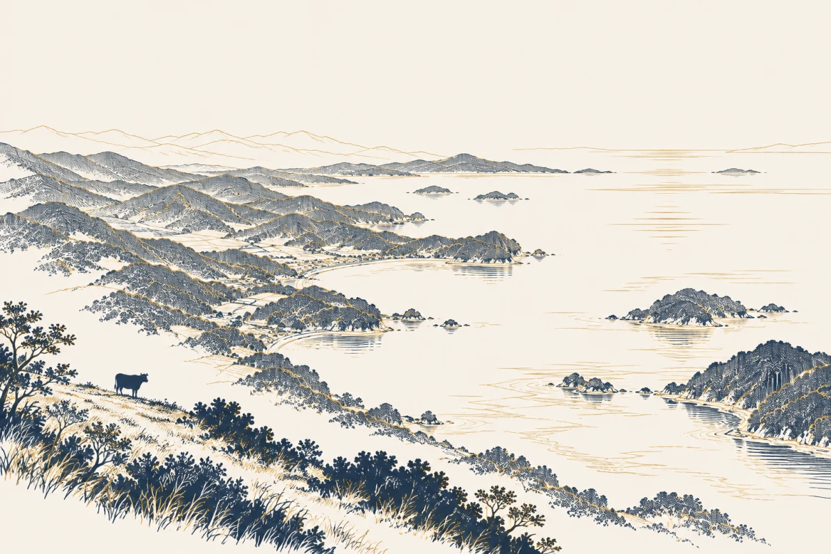 能登半島の里山と海を望む景色に佇む黒毛和牛のイメージ