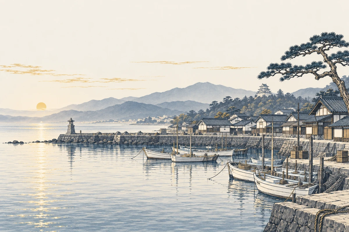相模湾を望む小田原の町並みと、港に並ぶ小舟の情景