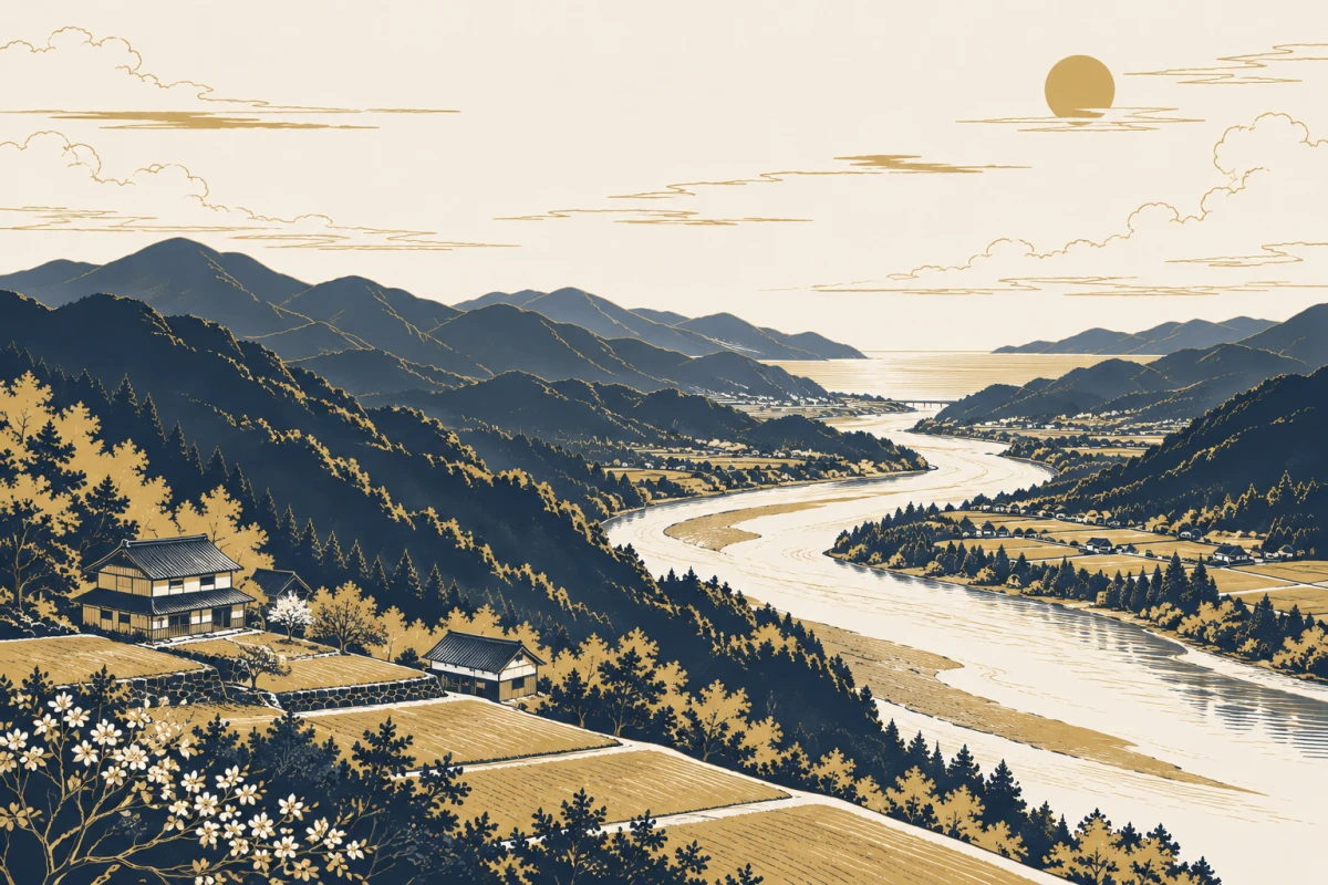 吉野川と山あいの徳島の情景