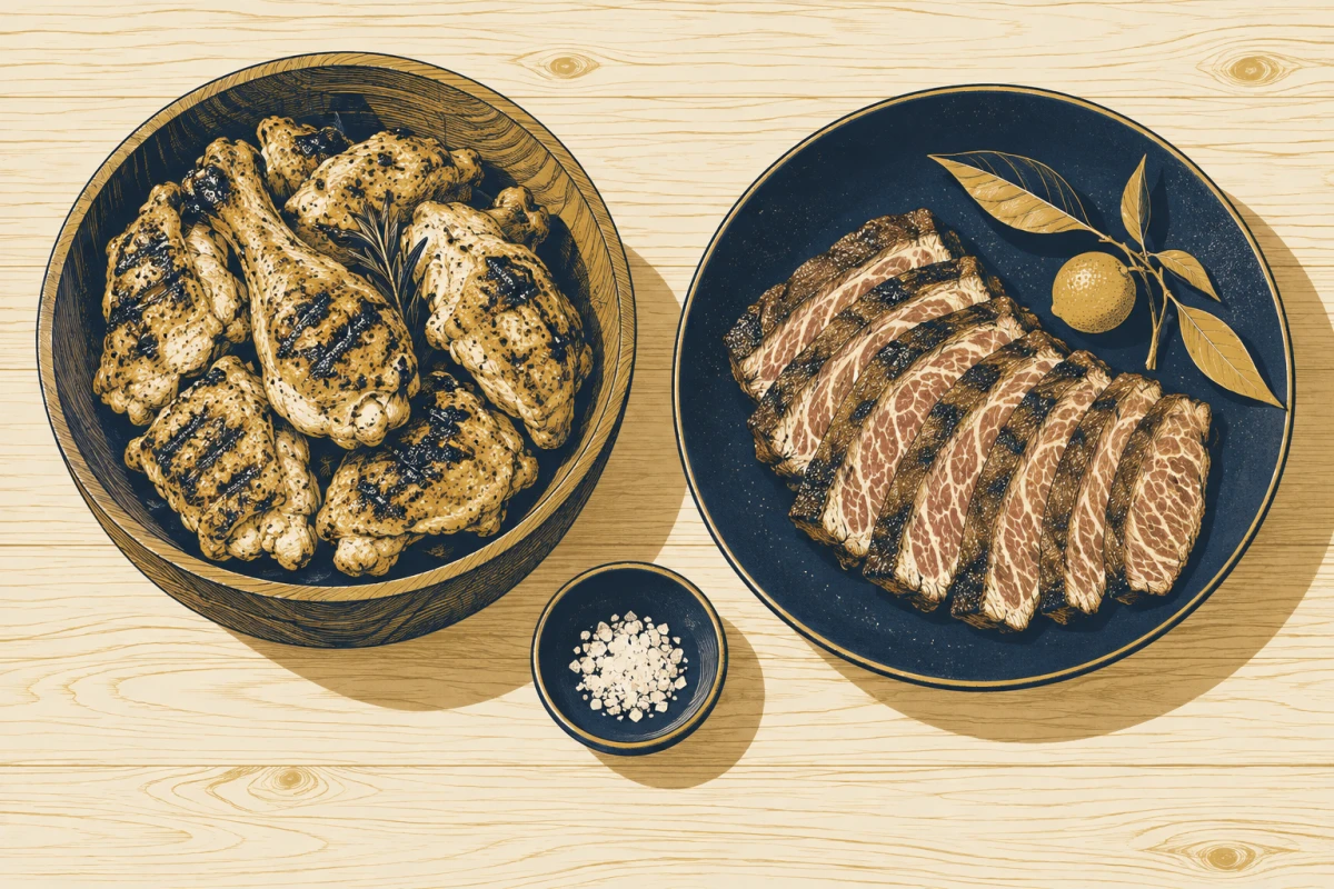 木の器に盛られた鶏と牛の情景