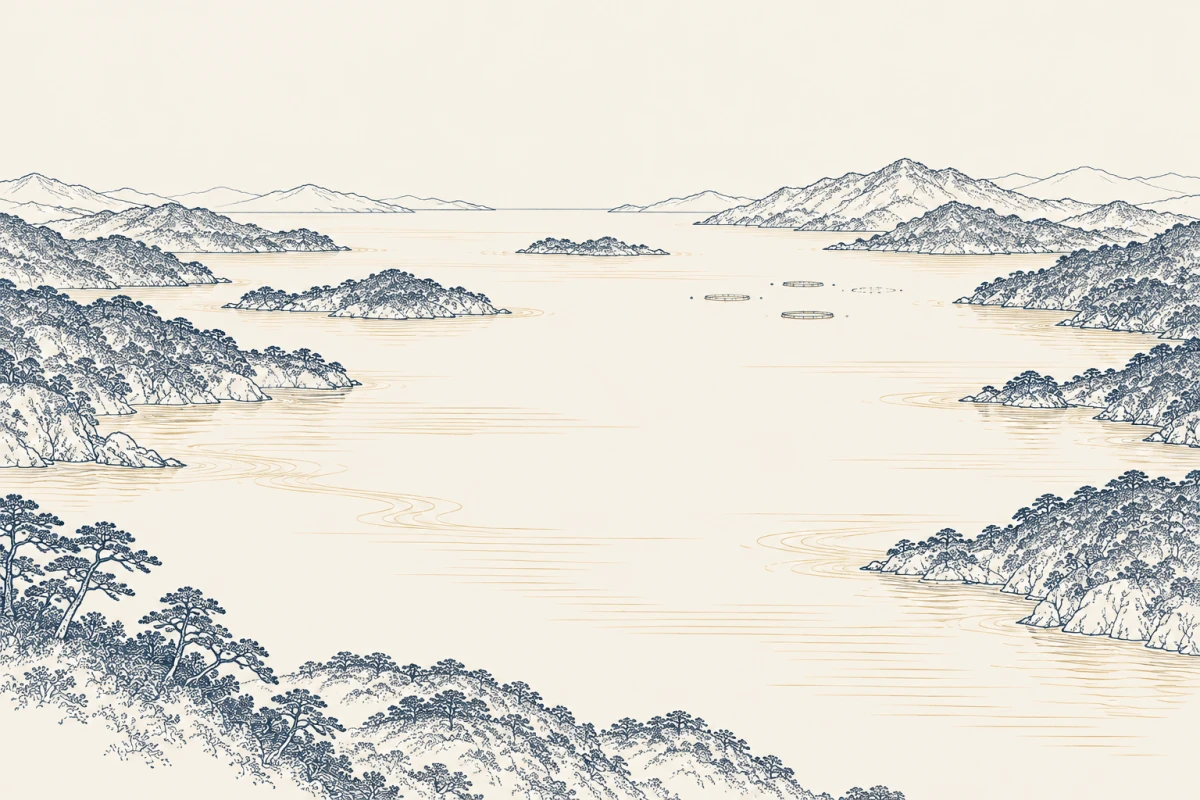 入り組んだ入り江の穏やかな海に、養殖のいけすが点々と浮かぶ情景