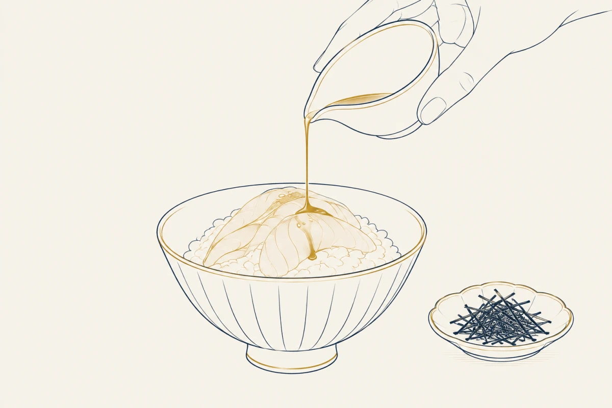茶碗の白いごはんに鯛の切り身をのせ、小鉢のたれをかける手元と、添えたきざみ海苔