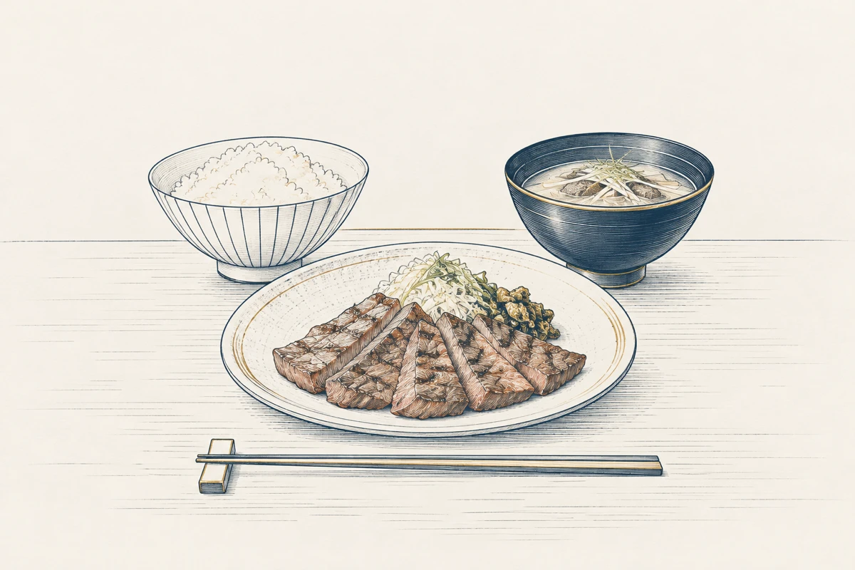 焼いた牛タンの皿に、麦飯の茶碗とスープの椀が並ぶ定食の卓を描いた和モダンの線画