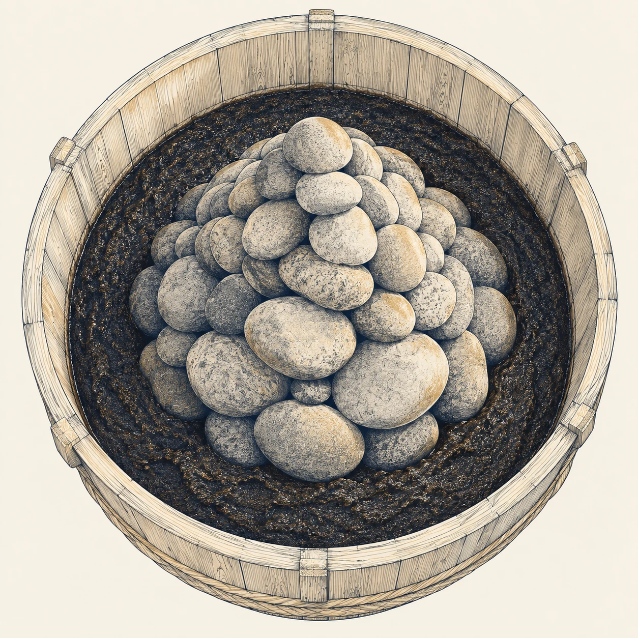 八丁味噌の木桶の上に円錐状に積み上げられた重しの石と、蔵の薄明かり