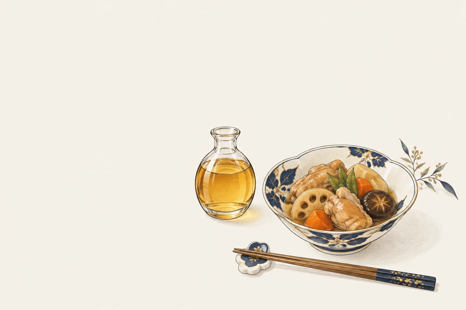 みりんの瓶と、照りの出た煮物を盛った紺と金の和の器